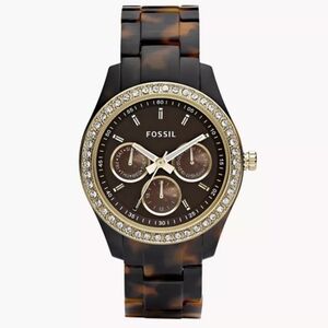 Fossil Stella Tortoise Shell Resin Watch Rhinestones Gold Multifunction ES-2795